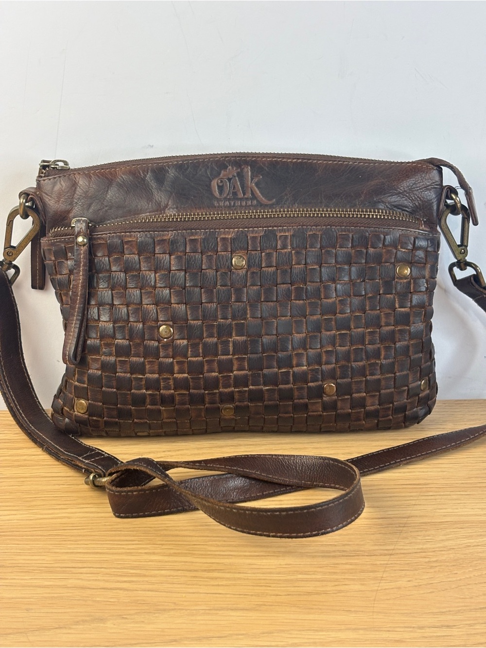 OAK Woven Leather Crossbody in Dark Chestnut Brown